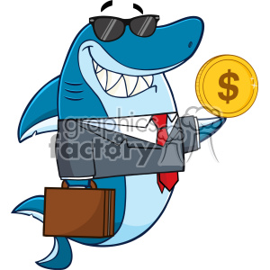 The clipart image shows a comical anthropomorphic shark character dressed in business attire, including a gray suit, red tie, and sunglasses. The shark is smiling and holding a briefcase in one fin, with a coin that has a dollar sign on it in the other fin. The character embodies a blend of business and financial themes, with a humorous twist by being represented as a shark, which can be a metaphor for a shrewd or aggressive businessperson.