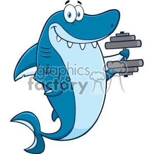 The clipart image shows a stylized cartoon shark with a friendly and funny appearance. The shark is blue, has big white eyes with black pupils, a wide smile with visible teeth, and is holding a dumbbell in one of its fins, suggesting it is exercising or showing off its strength. There's a small anchor tattoo on one of its fins, adding a comical touch to its character as a tough sea creature.