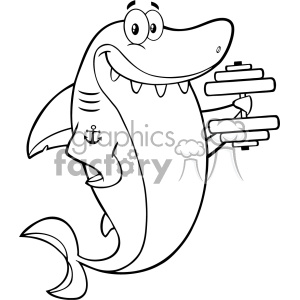 Black And White Smiling Shark Cartoon Training With Dumbbell Vector Vector