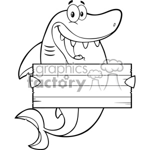 Black And White Happy Shark Cartoon Holding A Wooden Blank Sign Vector