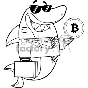 Black And White Smiling Business Shark Cartoon In Suit Carrying A Briefcase And Holding A Bitcoin Vector