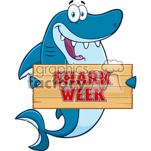   The clipart image depicts a cartoonish, happy shark character holding a wooden sign with the text SHARK WEEK written on it in bold red and white letters. The shark has a large, friendly smile, showing teeth, and wide eyes, suggesting a humorous and approachable mascot typically used for entertainment or educational purposes related to the theme of sharks and shark conservation events. 