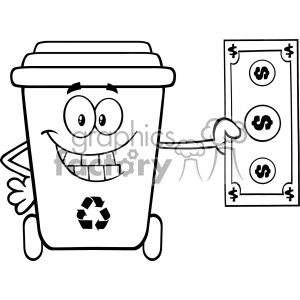   Black And White Smiling Recycle Bin Cartoon Mascot Character Holding A Dollar Bill Vector 