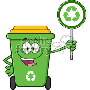   Cute Green Recycle Bin Cartoon Mascot Character Holding A Recycle Sign Vector 