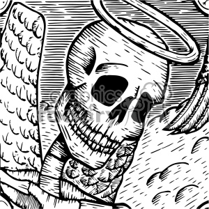 The clipart image depicts a vintage black and white illustration of a human skull with angel wings, surrounded by various bones. This artwork is likely related to the Day of the Dead celebration in Mexican culture and may be inspired by the work of artist JosÃ© Guadalupe Posada. The image also features intricate details and shading commonly seen in tattoo designs.
