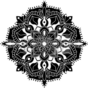 This clipart image features a detailed black and white mandala design. The symmetrical pattern includes intricate floral and geometric elements, radiating from a central circular motif.