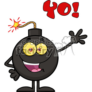 10781 Royalty Free RF Clipart Happy Funny Bomb Cartoon Mascot Character Waving For Greeting With Text Yo! Vector Illustration