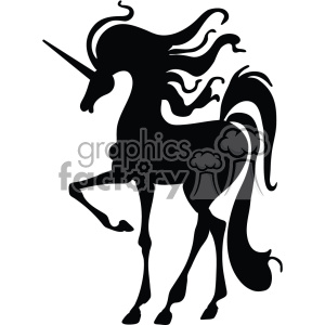 A black silhouette of a rearing unicorn with a flowing mane and tail.