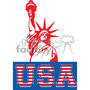 Red silhouette of the Statue of Liberty with 'USA' in striped letters beneath.