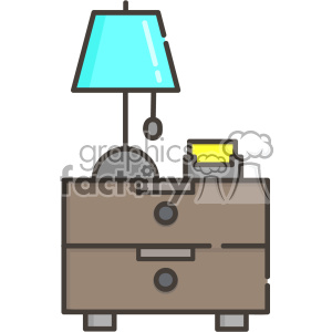 Clipart image of a bedside table with two drawers, featuring a blue lamp and a small box on top.