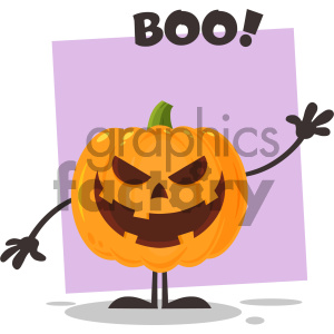 The image depicts a cartoon jack-o'-lantern with a menacing face carved into it, complete with jagged eyes and a wide, toothy grin. The pumpkin has a green stem on top and is displayed with stylized arms and legs, creating a human-like figure. It has one arm raised as if to wave or scare someone, accompanying the word BOO! in bold, black letters above it, suggesting a playful scare typical of Halloween festivities. The background is a simple solid-colored square with a light purple hue, which highlights the jack-o'-lantern.