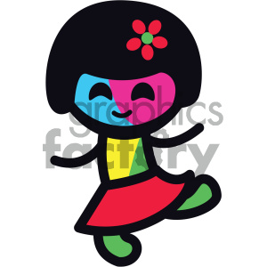 The clipart image depicts a stylized character that appears to be a dancing girl. The character has a large black bob haircut adorned with a red flower with a green center, a smiling face with one blue and one pink half, and is wearing a dress with a red skirt, a yellow and green patch on the torso, and green shoes. This whimsical character seems to be captured in a mid-dance pose, with her arms and one leg extended, suggesting movement and joy.
