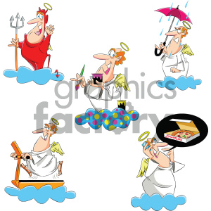 A humorous set of angel mascots depicting different characters and activities, including painting, ordering pizza, holding an umbrella, and rowing a boat, with one dressed as a devil.