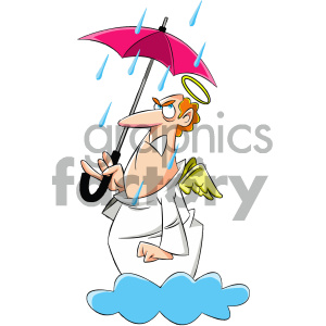 A cartoon angel holding a pink umbrella in the rain, looking frustrated. The angel has a halo and is standing on a cloud.