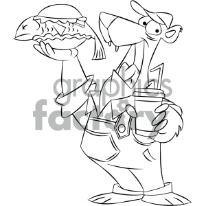black and white cartoon bear with a fish sandwich