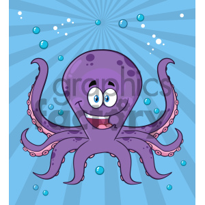 A cheerful, purple cartoon octopus with a big smile and wide eyes surrounded by bubbles in an underwater scene.