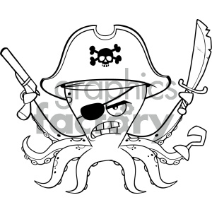 Cartoon-style clipart of an angry pirate octopus wearing a pirate hat with a skull emblem, holding a sword in one tentacle and a hook or gun in another.