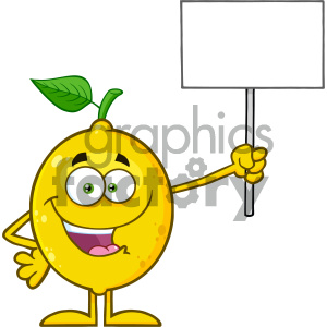 Royalty Free RF Clipart Illustration Happy Yellow Lemon Fresh Fruit With Green Leaf Cartoon Mascot Character Holding A Blank Sign Vector Illustration Isolated On White Background