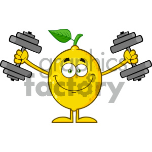 Royalty Free RF Clipart Illustration Smiling Yellow Lemon Fresh Fruit With Green Leaf Cartoon Mascot Character Working Out With Dumbbells Vector Illustration Isolated On White Background