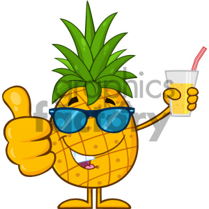 Pineapple Fruit With Green Leafs And Sunglasses Cartoon Mascot Character Holding Up A Glass Of Juice And Giving A Thumb Up