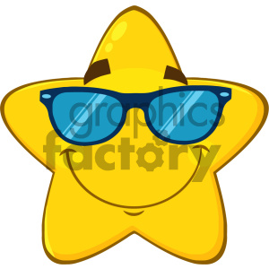 Royalty Free RF Clipart Illustration Smiling Yellow Star Cartoon Emoji Face Character With Sunglasses Vector Illustration Isolated On White Background