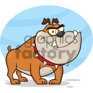  The image is a cartoon illustration of a brown bulldog with exaggerated features. It