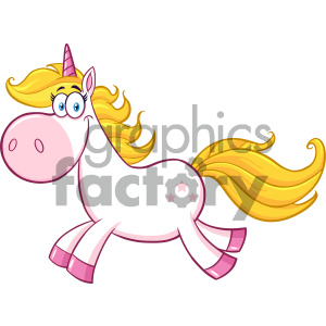 This clipart image features a cartoon unicorn with a pink horn, hooves, and a cheerful expression. The unicorn has a flowing golden mane and tail, and there are three small pink stars on its flank.