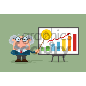 Cartoon professor character pointing at a chart with a Bitcoin symbol, indicating cryptocurrency growth.