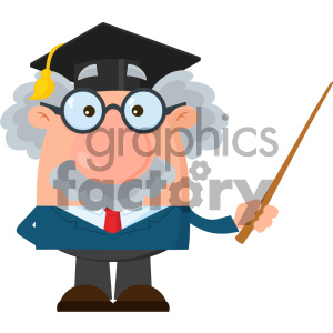 This cartoon shows a professor or scientist cartoon character with a graduate cap holding a pointer, on a white background