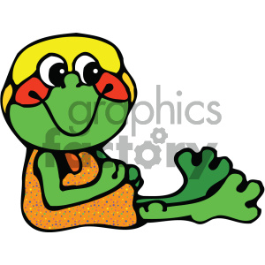 The image features a colorful cartoon depiction of a frog. The frog has a bright green body with yellow details on its face and limbs. Its eyes are large and white with black pupils, exuding a friendly appearance. The frog's cheeks are red, and it has an orange tongue sticking out. It is sitting in a relaxed, casual pose with one leg stretched out.