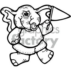 The clipart image is a black and white cartoon of an elephant wearing a cheerleader outfit, holding pom-poms, and smiling. This image depicts a school spirit theme with the elephant serving as a mascot or symbol of support for a sports team or school event.

