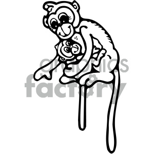 A black and white clipart image of a mother monkey holding its baby closely.