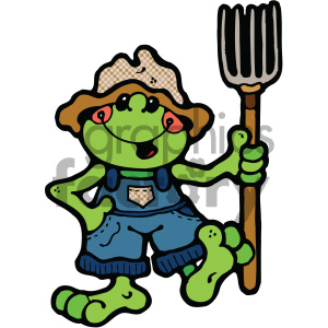   The clipart image displays a whimsical illustration of a frog. The frog is anthropomorphized, having human-like features such as standing on two feet. It is wearing a patterned farmer