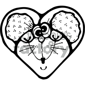 The image is a black and white clipart that plays on shapes and negative space to create the image of a mouse. The mouse is centered within a heart-shaped border. It has large ears with spotted patterns, small eyes, a rounded nose, and a curling tail that also resembles a flower stem or a bow. The mouse's facial features are created with simple lines that give it a playful and friendly character.
