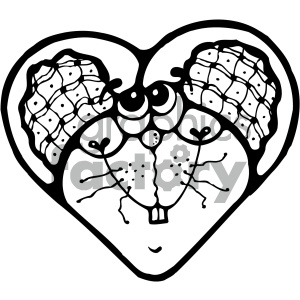 This clipart image depicts an abstract representation of a pair of mice in a symmetrical composition, arranged in such a way that their ears and heads form a heart shape. The design is simple and stylized with clear black lines on a white background, suitable for coloring activities or decor.
