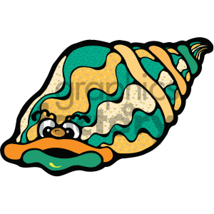 A colorful clipart image of a cartoon seashell with a face. The seashell has wavy patterns in green, yellow, and orange, with a whimsical and expressive facial expression.