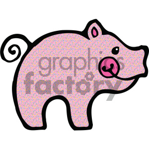   The image is a clipart of a pig. The pig has a speckled pink body with small blue and pink dots, a curly tail, a prominent snout, and is outlined in black. It