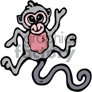 A cartoon clipart image of a playful monkey with a pink chest and a long, curved tail. The monkey is gray with a large, smiling face and big, bright eyes.