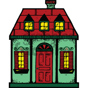 A colorful clipart image of a house with a red roof, green walls, yellow windows with dark green shutters, and a red door.