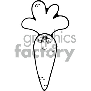 This clipart image features a simplified, cartoon-like carrot with an expressive face at the top. The carrot has large, exaggerated leaves and a friendly, humorous expression.