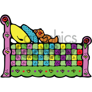 A colorful clipart image featuring a bed with a patchwork quilt in various colors, a yellow pillow, a blue pillow, and a teddy bear laying on the bed. The bed frame is decorated with hearts and roses.