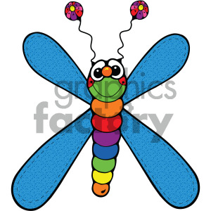 Colorful and whimsical dragonfly clipart with blue wings, a rainbow-colored body, a green face with a smile, googly eyes, and flower antennae.