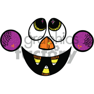 A whimsical and colorful smiling character face with large eyes, an orange nose, and a wide smile featuring candy corn teeth.