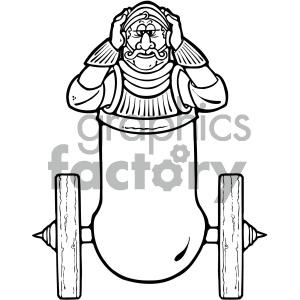 A humorous clipart illustration of a knight inside a cannon with a surprised expression.