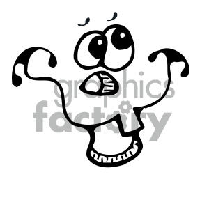 Quirky cartoon face with large eyes, expressive mouth, and wavy arms drawn in a playful style.