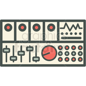 The clipart image shows a vector icon of a DJ music mixer, which is a piece of equipment used in a music studio or live performance to mix and adjust the sound of multiple audio sources. The mixer panel contains various controls such as faders, knobs, and buttons that allow the DJ to adjust the volume, tone, and effects of each audio input.
