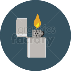 Clipart image of a silver lighter with an open lid and a yellow flame.