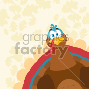 A whimsical illustration of a cartoon turkey with colorful feathers, featuring a light leaf-patterned background.