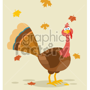 A colorful Thanksgiving turkey surrounded by autumn leaves.