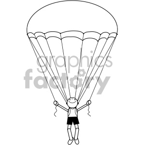 This clipart image shows a simple, stylized drawing of a parachuter. The figure appears to be a happy cartoon character with a wide smile, extending arms and holding onto parachute risers. The parachute itself is depicted as a dome-shaped canopy with visible lines connecting it to the parachuter.